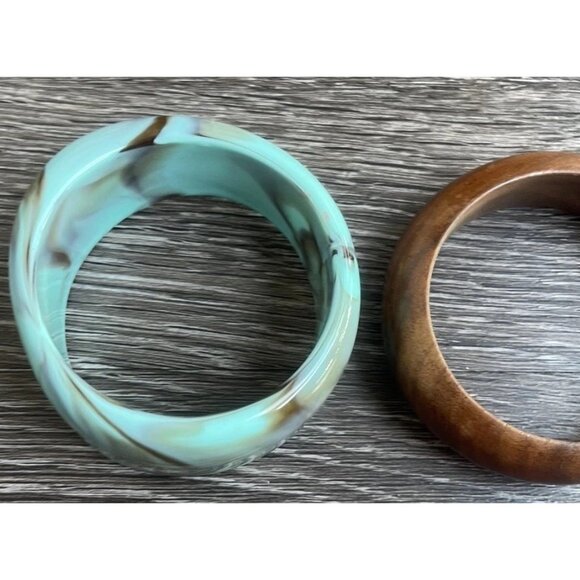 Vintage Wood & Groovy Acrylic Bangle Bracelets Wavy Stacking Thick Chunky Sz 8” - Picture 12 of 14